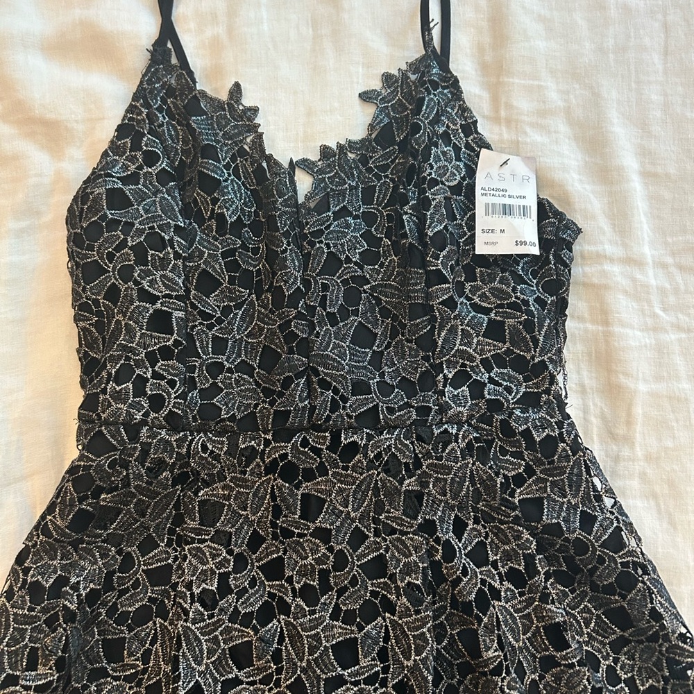 ASTR Metallic Silver and Black Lace Holiday Dress